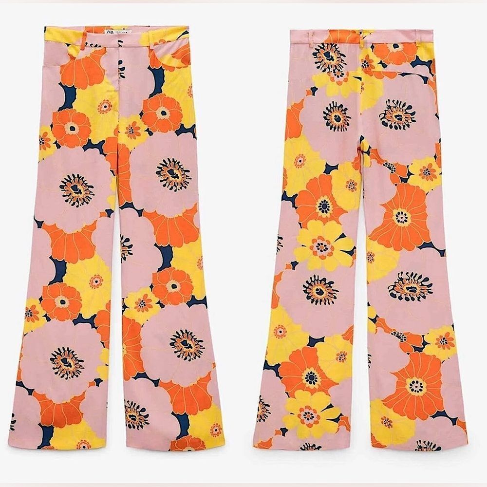 Zara Pants Multicolor Floral Print Wide Leg High Waist Trousers Size S - Picture 11 of 14